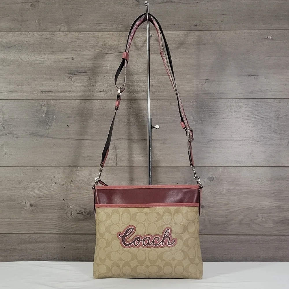 Coach Tan Signature Leather Crossbody with Burgundy Trim